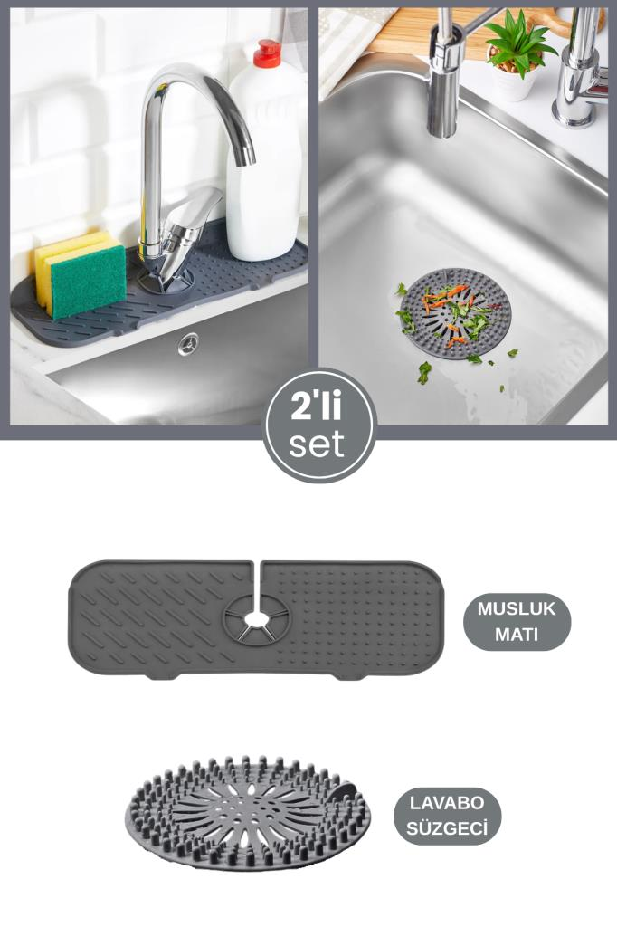 2’li Lavabo Matı ve Süzgeç Seti, Musluk Sünger Matı + Süzgeçli Banyo Küvet Evye Tıkacı Gider Kapağı