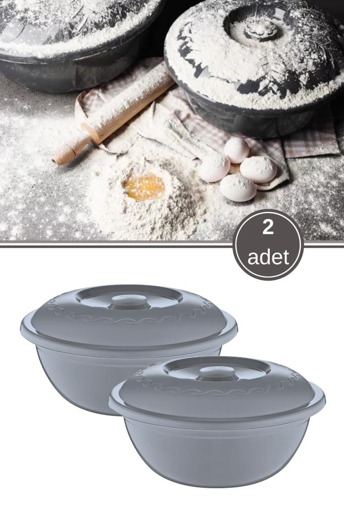 2 Adet Kapaklı Hamur Leğeni 5 Lt, Çok Amaçlı Pasta Kek Hamur Yoğurma Saklama Kabı Un Kutusu 2’li Gri