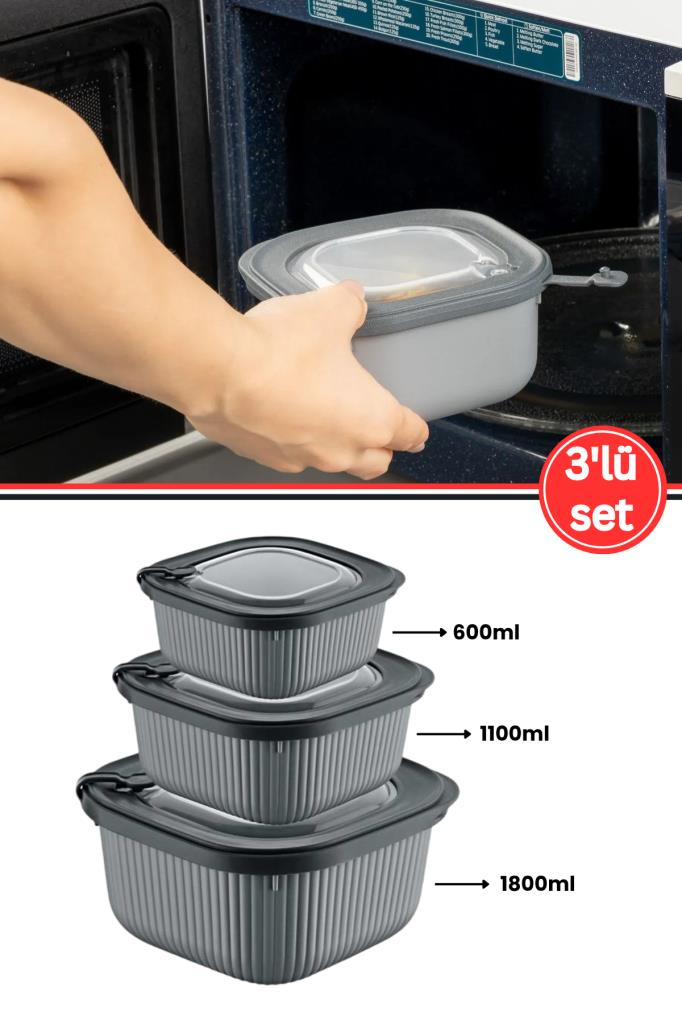 Flora Mikrodalga Saklama Kabı 3’lü Set, Buzluk Buzdolabı Mikrodalga Uygun Kapaklı Set (600-1100-1800ml)