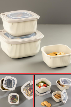 Flora Mikrodalga Saklama Kabı 3’lü Set, Buzluk Buzdolabı Mikrodalga Uygun Kapaklı Set (600-1100-1800ml)