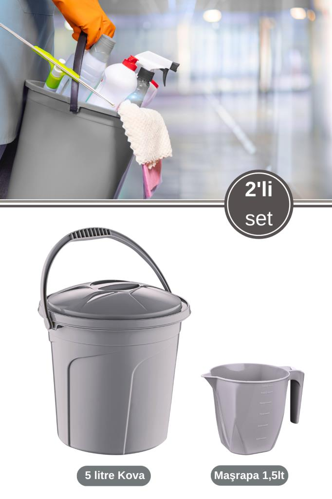 2’li Temizlik Kova Seti, Kapaklı Kulplu Plastik Su Kovası 5 litre + Maşrapa 1,5 litre 2’li Set Gri