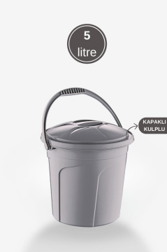 2’li Temizlik Kova Seti, Kapaklı Kulplu Plastik Su Kovası 5 litre + Maşrapa 1,5 litre 2’li Set Gri