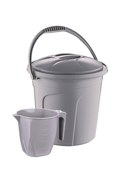 2’li Temizlik Kova Seti, Kapaklı Kulplu Plastik Su Kovası 10 litre + Maşrapa 1,5 litre 2’li Set Gri
