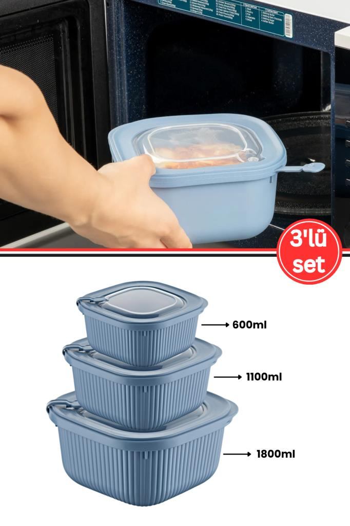 Flora Mikrodalga Saklama Kabı 3’lü Set, Buzluk Buzdolabı Mikrodalga Uygun Kapaklı Set (600-1100-1800ml) Mavi