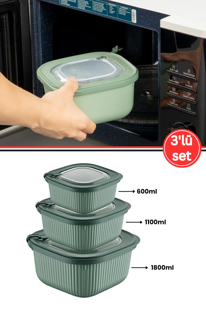 Flora Mikrodalga Saklama Kabı 3’lü Set, Buzluk Buzdolabı Mikrodalga Uygun Kapaklı Set (600-1100-1800ml) Yeşil