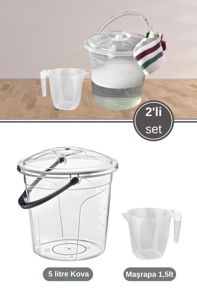 2’li Temizlik Kova Seti, Kapaklı Kulplu Plastik Su Kovası 5 litre + Maşrapa 1,5 litre Seti Şeffaf