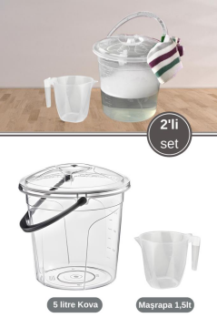 2’li Temizlik Kova Seti, Kapaklı Kulplu Plastik Su Kovası 5 litre + Maşrapa 1,5 litre Seti Şeffaf