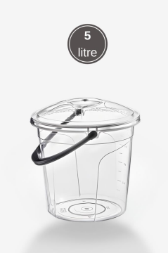 2’li Temizlik Kova Seti, Kapaklı Kulplu Plastik Su Kovası 5 litre + Maşrapa 1,5 litre Seti Şeffaf