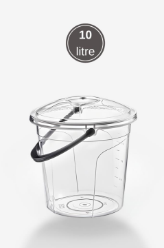 2’li Temizlik Kova Seti, Kapaklı Kulplu Plastik Su Kovası 10 litre + Maşrapa 1,5 litre Seti Şeffaf