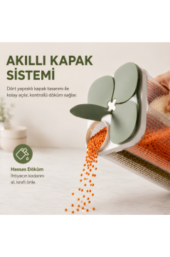 4 Bölmeli Erzak Kavanozu 3.6 Lt, Bağımsız Ayrı Dökme Kapaklı Düzenleyici Bakliyat Saklama Kabı
