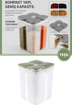 4 Bölmeli Erzak Kavanozu 3.6 Lt, Bağımsız Ayrı Dökme Kapaklı Düzenleyici Bakliyat Saklama Kabı Yeşil
