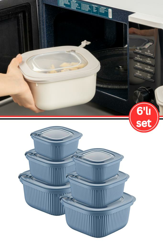 Flora Mikrodalga Saklama Kabı 6’lı Set, Buzluk Mikrodalga Uygun Kapaklı Özel Set 2x(600-1100-1800ml) Mavi