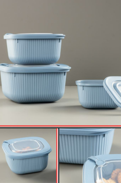 Flora Mikrodalga Saklama Kabı 6’lı Set, Buzluk Mikrodalga Uygun Kapaklı Özel Set 2x(600-1100-1800ml) Mavi