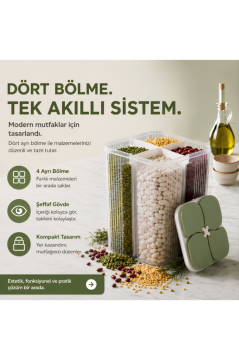 4 Bölmeli Erzak Kavanozu 3.6 Lt, Bağımsız Ayrı Dökme Kapaklı Düzenleyici Bakliyat Saklama Kabı Yeşil