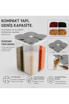 4 Bölmeli Erzak Kavanozu 3.6 Lt, Bağımsız Ayrı Dökme Kapaklı Düzenleyici Bakliyat Saklama Kabı Yeşil