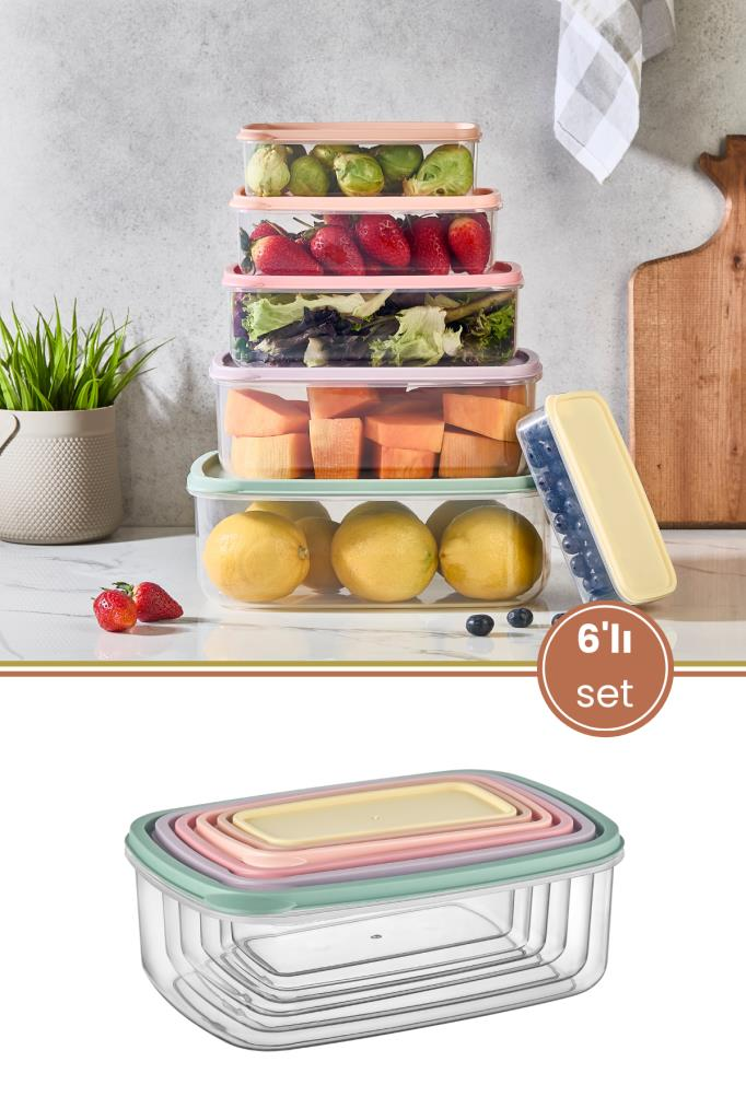 6’lı İç içe Geçen Kapaklı Saklama Kabı Seti, Buzdolabı Piknik Ofis Pratik Saklama Kutusu 6’lı Set