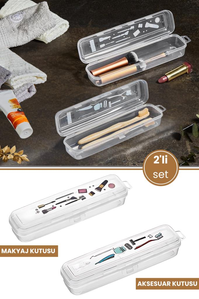 2’li Diş Bakım ve Makyaj Kutusu Seti, Fırça Macun Traş Makyaj Takı Kozmetik Aksesuar Saklama Kabı