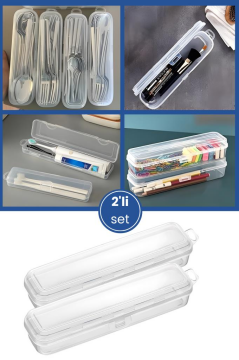 2’li Aksesuar Kutu Seti, Çatal Kaşık Bıçak Diş Fırçası Traş Bakım Makyaj Kalem Saklama Kabı BASKISIZ