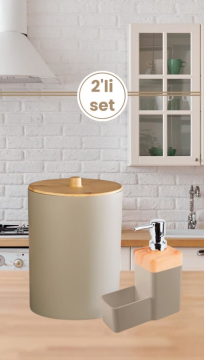 Flora Bambu Desenli Mutfak Çöp Kovası ve Süngerli Sabunluk & Bulaşık Deterjanlığı 2’li Set KAHVE