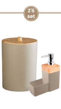 Flora Bambu Desenli Mutfak Çöp Kovası ve Süngerli Sabunluk & Bulaşık Deterjanlığı 2’li Set KAHVE