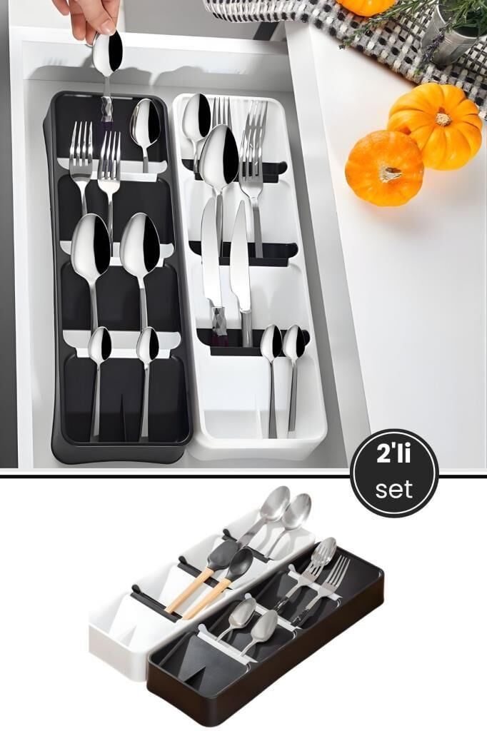 2 Adet 4 Bölmeli Kaşıklık, Çatal Kaşık Bıçak Kepçe Sofra Gereçleri Çekmece İçi Düzenleyici 2’li Set
