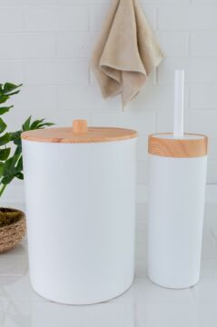 Flosoft Bambu Desenli Çöp Kovası ve Klozet Wc Fırçası 2’li Set Beyaz