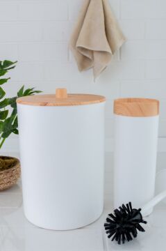 Flosoft Bambu Desenli Çöp Kovası ve Klozet Wc Fırçası 2’li Set Beyaz