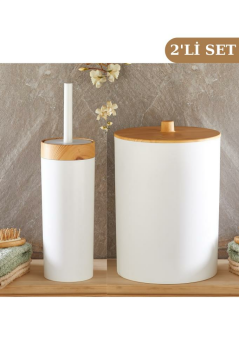 Flosoft Bambu Desenli Çöp Kovası ve Klozet Wc Fırçası 2’li Set Beyaz