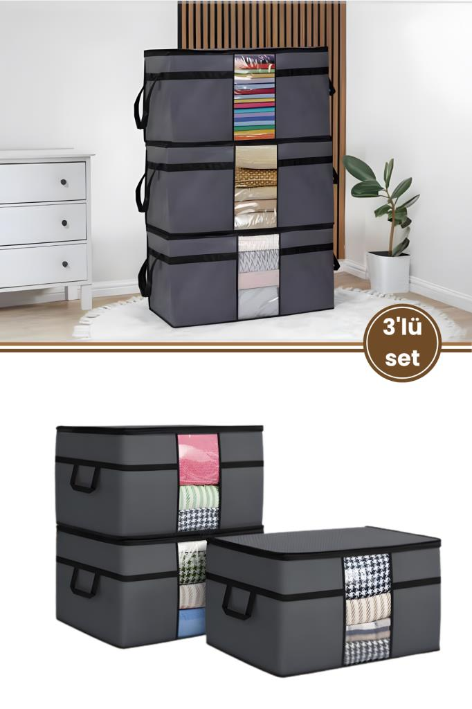3’lü Yorgan Hurcu Seti, Yastık Yorgan Kıyafet Giysi Çamaşır Çeyizlik Düzenleyici (70x40cm) 3 Adet