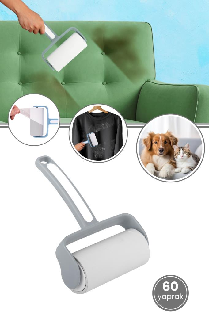 Tüy Toplayıcı Rulo, Kedi Köpek Tüyü Elbise Kanepe Araba Koltuğu Yapışkanlı Temizleme Rulo 60 Yaprak Gri