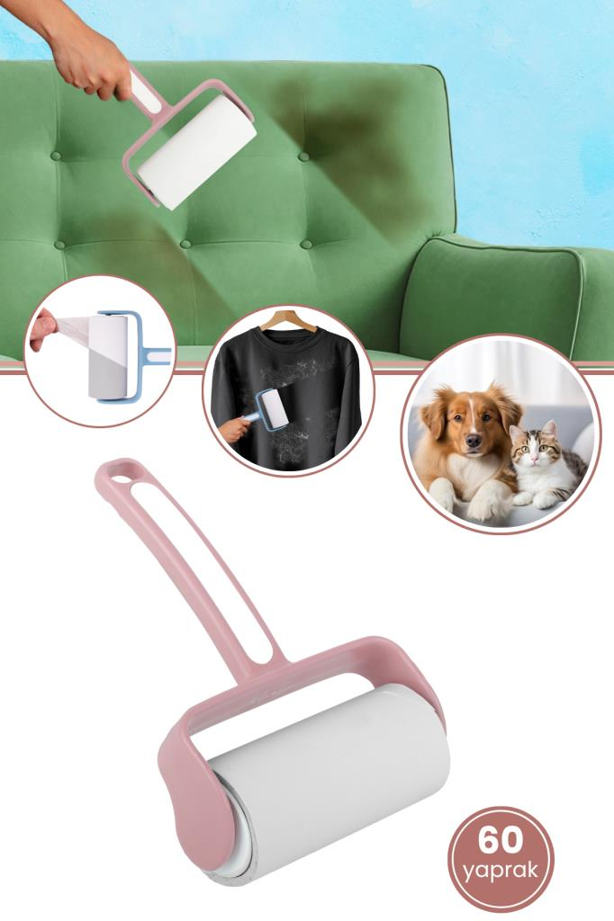 Tüy Toplayıcı Rulo, Kedi Köpek Tüyü Elbise Kanepe Araba Koltuğu Yapışkanlı Temizleme Rulo 60 Yaprak Pembe