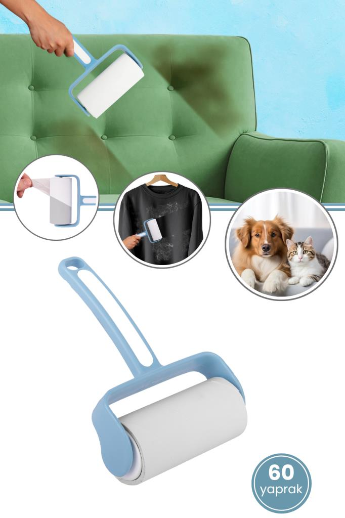 Tüy Toplayıcı Rulo, Kedi Köpek Tüyü Elbise Kanepe Araba Koltuğu Yapışkanlı Temizleme Rulo 60 Yaprak Mavi