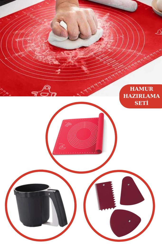 Silicolife Hamur Matı 40x50cm + Flosoft 3'lü Kazıyıcı Kesici + Un Şeker Eleği, 3’lü Kek Pasta Set