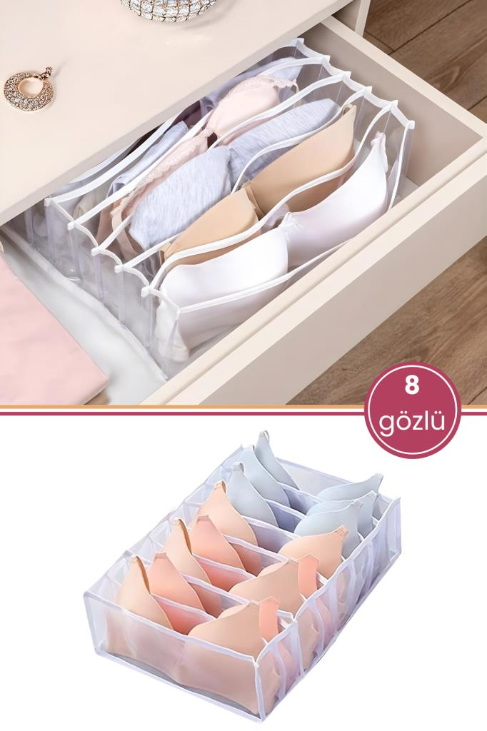 Sütyen Düzenleyici 8 Bölmeli, İç Çamaşırı Sütyen Çorap Katlanabilir Dolap ve Çekmece İçi Organizer