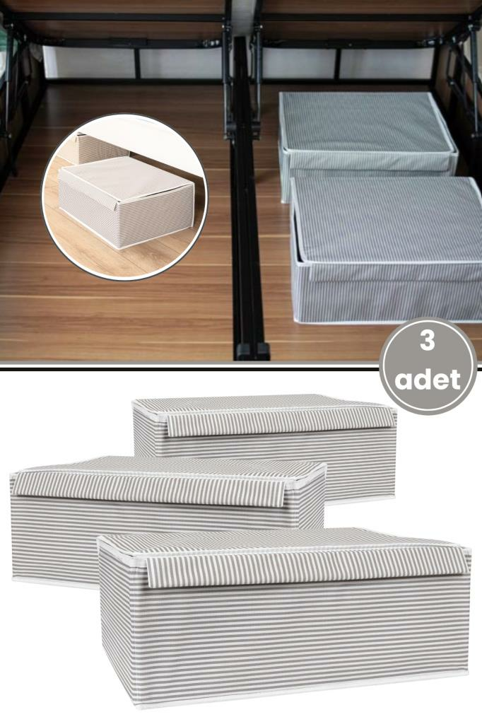 Flora Baza Kutu Hurç, Yatak Kanepe Altı Düzenleyici Su Geçirmez Mukavva Destekli (50x40x19cm) 3 Adet Gri