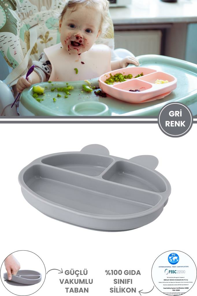 Silicolife 3 Gözlü Silikon Mama Tabağı, Vakum Tabanlı Bebek Çocuk Porsiyon Tabak Gıda Sertifikalı