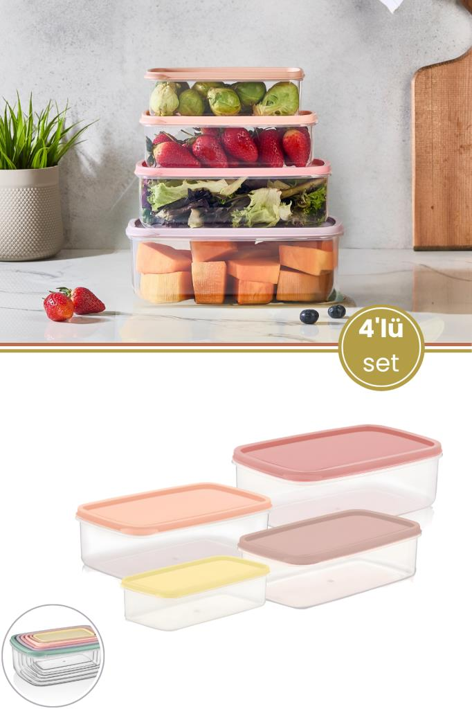 4’lü İç içe Geçen Kapaklı Saklama Kabı Seti, Buzdolabı Piknik Ofis Pratik Saklama Kutusu 4’lü Set