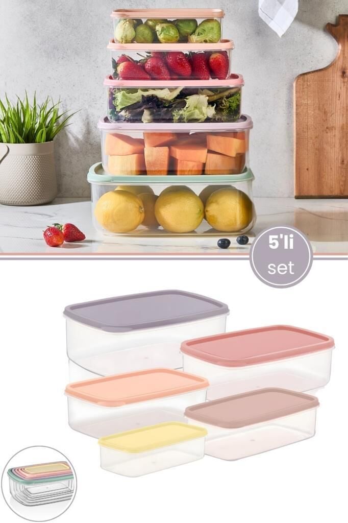 5’li İç içe Geçen Kapaklı Saklama Kabı Seti, Buzdolabı Piknik Ofis Pratik Saklama Kutusu 5’li Set