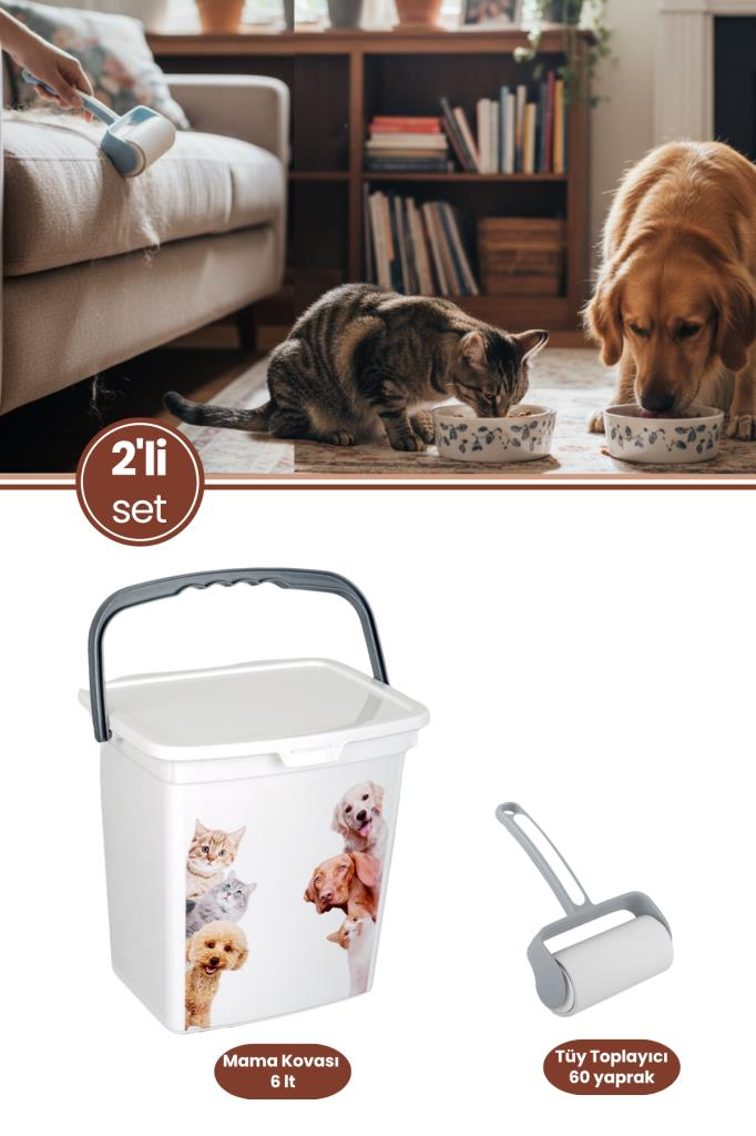 Kedi Köpek Mama Kovası ve Tüy Toplayıcı Seti, Kapaklı Kulplu Mama Saklama Kabı + Tüy Toplayı Rulo