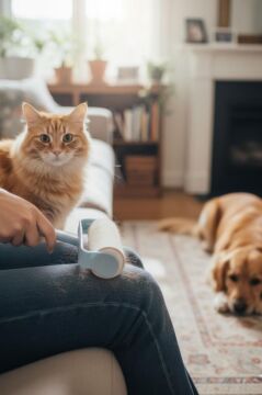 Kedi Köpek Mama Kovası ve Tüy Toplayıcı Seti, Kapaklı Kulplu Mama Saklama Kabı + Tüy Toplayı Rulo