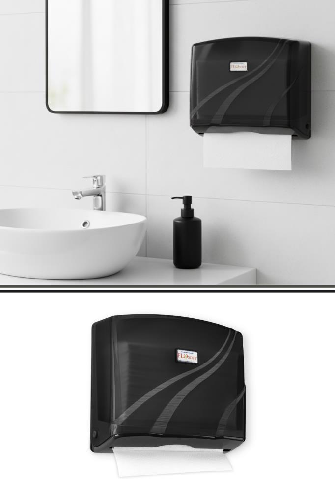 200’lü Z Katlamalı Kağıt Havluluk Dispanseri Siyah, Banyo Mutfak Duvara Monte Havluluk (200 Yaprak)