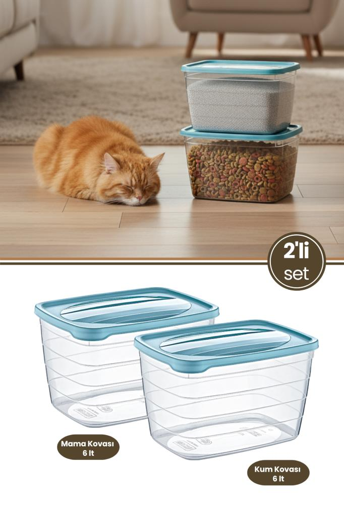 2’li Evcil Hayvan Mama ve Kum Kovası Seti, Kapaklı Kedi Köpek Mama ve Kum Saklama Kabı Kutusu 6lt