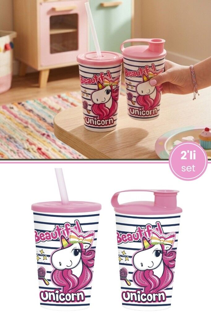 2'li Unicorn Çocuk Meşrubat Bardak Seti, Pipetli Kapaklı Su Süt Meyve Suyu Bardağı 330 ml 2’li Set