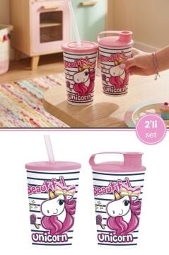 2'li Unicorn Çocuk Meşrubat Bardak Seti, Pipetli Kapaklı Su Süt Meyve Suyu Bardağı 330 ml 2’li Set
