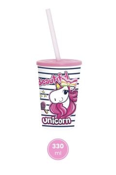 2'li Unicorn Çocuk Meşrubat Bardak Seti, Pipetli Kapaklı Su Süt Meyve Suyu Bardağı 330 ml 2’li Set