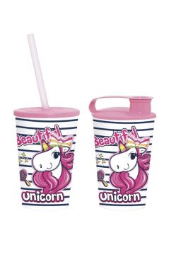 2'li Unicorn Çocuk Meşrubat Bardak Seti, Pipetli Kapaklı Su Süt Meyve Suyu Bardağı 330 ml 2’li Set