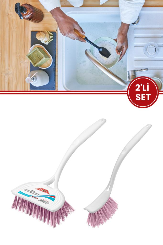 Flora 2’li Trendy Temizlik Seti, F367 Bulaşık Fırçası + F388 Lavabo Küvet Fırçası Seti