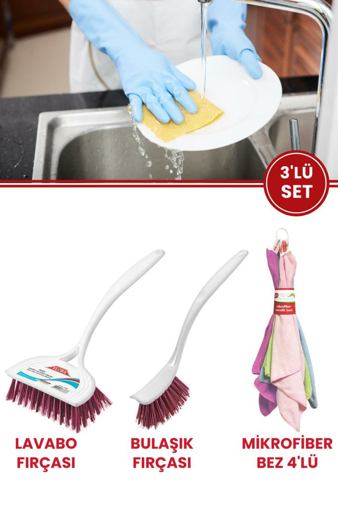 Flora 3’lü Temizlik Seti, F367 Bulaşık Fırçası + F388 Lavabo Küvet Fırçası + F222 Mikrofiber Bez Seti