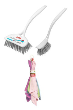 Flora 3’lü Temizlik Seti, F367 Bulaşık Fırçası + F388 Lavabo Küvet Fırçası + F222 Mikrofiber Bez Seti