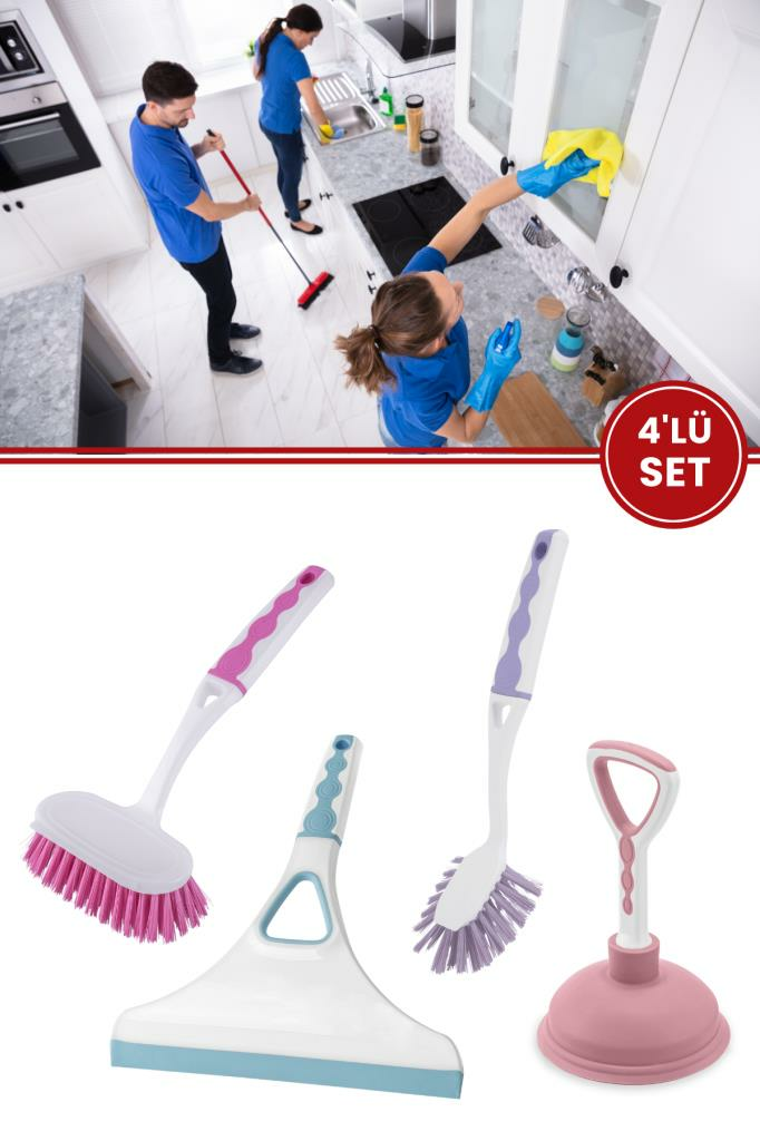 Flora 4’lü Softline Temizlik Seti, F393 Lavabo Fırçası + F300 Bulaşık Fırçası + F309 Camsil + F308 Pompa